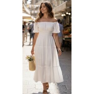 Trixxi Smocked Puff Sleeve Maxi Womens Size S White Tiered Cottagecore Romantic‎